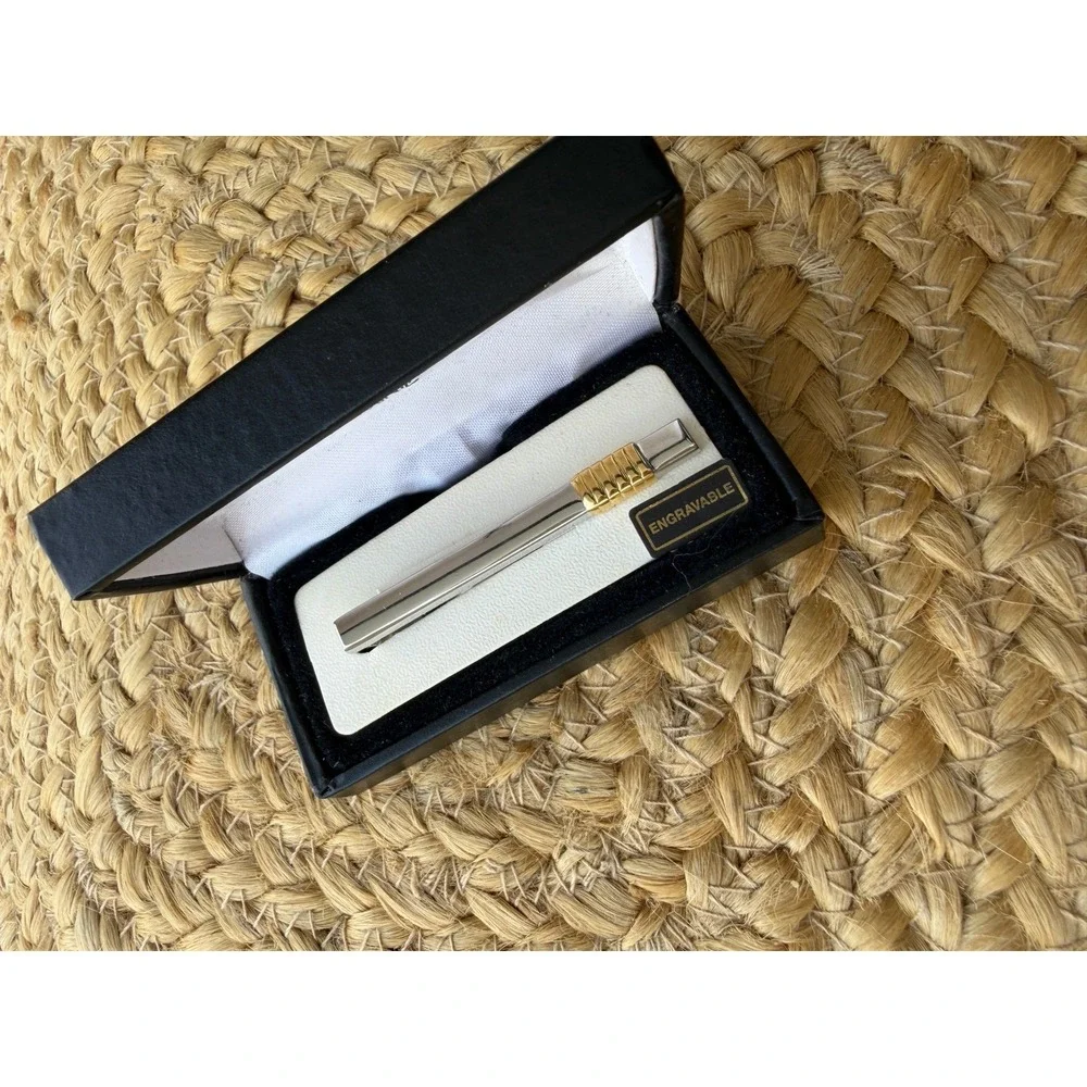 Yves Saint Laurent Tie Clip Bar Engravable Silver Gold New Mens Suit Wedding